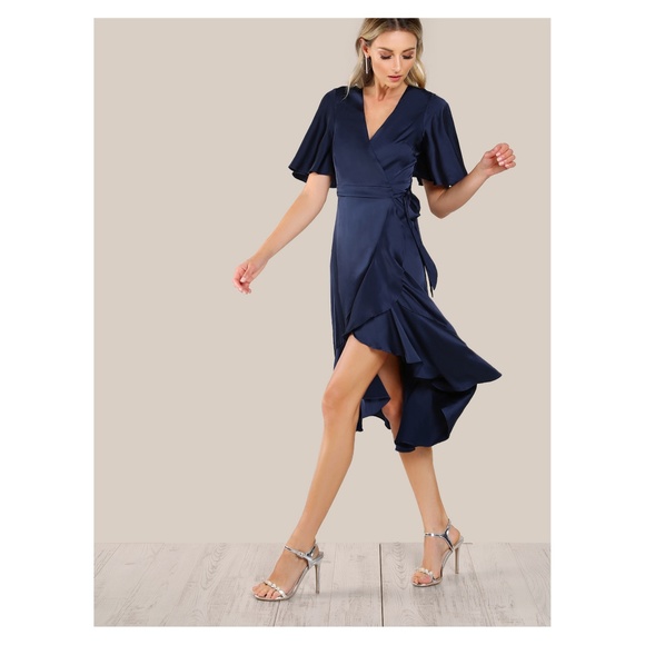 Navy Blue Satin Ruffle Wrap Tie Dress - Picture 2 of 5